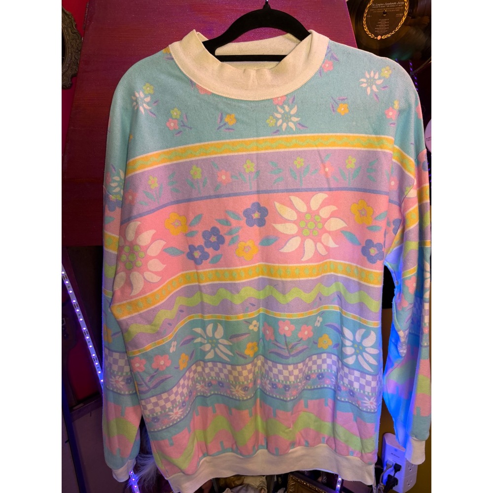 Vintage Additions by Ronnie Pastel Floral Geometric Sweatshirt Blue Pink L